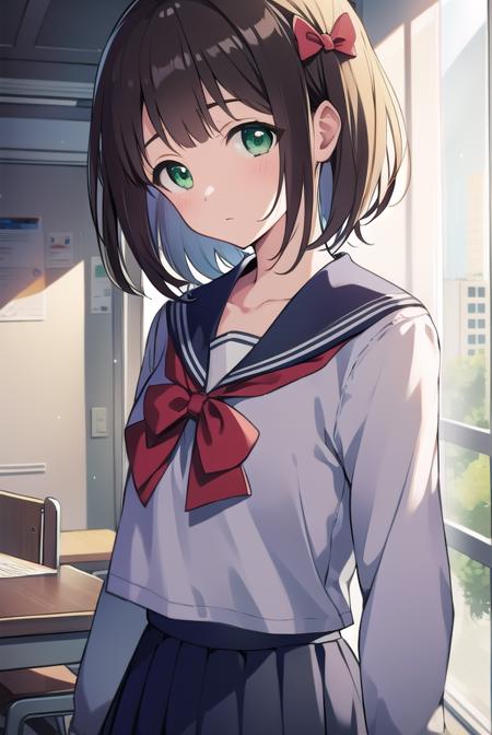 harukaamami, <lora:harukaamamitest:1>,
haruka amami, brown hair, (green eyes:1.5), short hair, (hair bow:1.5), hair ribbon, bangs, blunt bangs, (small breast:1.2),
BREAK bag, bow, school uniform, serafuku, skirt, sweater, long sleeves, red bow, blue skirt, grey sweater,
BREAK looking at viewer,
BREAK indoors, classroom,
BREAK <lora:GoodHands-vanilla:1>, (masterpiece:1.2), best quality, high resolution, unity 8k wallpaper, (illustration:0.8), (beautiful detailed eyes:1.6), extremely detailed face, perfect lighting, extremely detailed CG, (perfect hands, perfect anatomy),