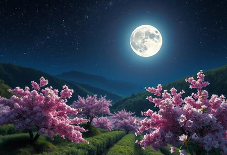 An incredibly beautiful garden of blooming sakura on the mountain slopes, illuminated by a bright moon against a dark night, a very starry sky with many bright stars, serene, ethereal atmosphere, high detail, vibrant colors, cinematic lighting, masterpiece digital painting by Claude Monet and Yoshitaka Amano, 8k resolution