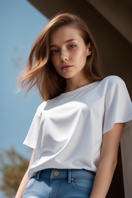 head and shoulders shot from below, wo_ebloom02, brown hair, white top and jeans pants, posing for a picture, (high detailed skin:1.2), 8k uhd, dslr, global lighting, high quality, film grain, Fujifilm XT3, <lora:woEbloom02:0.8>