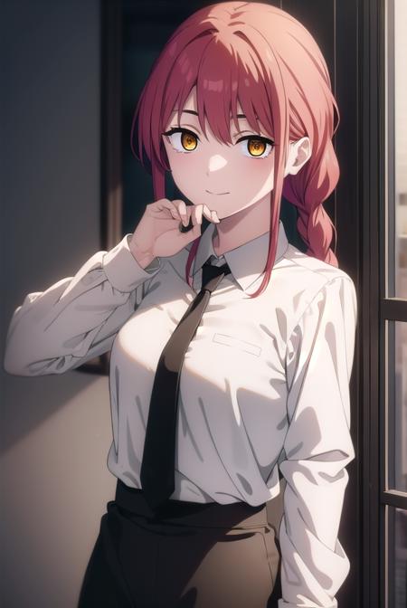 makima, <lora:chainsaw makima s1-lora-nochekaiser:1>,  
makima, long hair, smile, bangs, small breasts, (yellow eyes:1.2), braid, red hair, braided ponytail, ringed eyes, 
BREAK shirt, long sleeves, white shirt, necktie, collared shirt, pants, black pants, formal, suit, black necktie, shirt tucked in, office lady,
BREAK indoors, office,
BREAK looking at viewer,
BREAK <lyco:GoodHands-beta2:1>, (masterpiece:1.2), best quality, high resolution, unity 8k wallpaper, (illustration:0.8), (beautiful detailed eyes:1.6), extremely detailed face, perfect lighting, extremely detailed CG, (perfect hands, perfect anatomy),