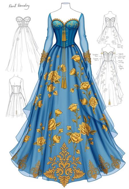 The design shown in the image features a majestic, flowing gown with intricate golden floral embroidery on a sheer blue fabric. The gown has a corset-style bodice with a sweetheart neckline, accented with delicate tassels draping from the waist. The layered skirt fans out, adding volume, while the embroidery continues to the hem. The sketches in the background suggest meticulous craftsmanship and attention to detail in the gown's structure, with diagrams showcasing its various angles and embellishments.