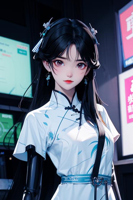 (masterpiece),(best quality), 1 girl, (chibi), chinese_clothes, in white and blue Cheongsam, robot girl,  cyberpunk city, dynamic pose, Headdress, hair ornament, long hair, cyberpunk, a high-tech city, full of machinery and futuristic element, futurism, technology
 <lora:Guofeng_minimalism_v1:0.8>