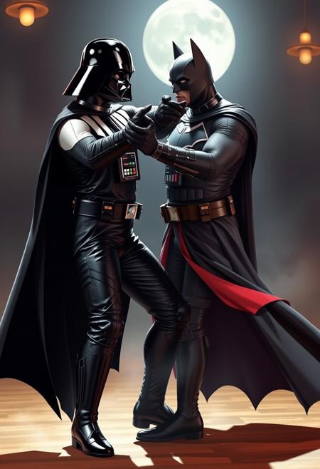 Darth Vader and Batman ballroom dancing together