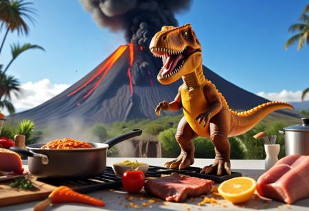 cinna flow, Happy t-rex wearing an apron is making breakfast in a kitchen close to an exploding volcano, the t-rex is happy while holding a pan with some slcies of meat, with a very detailed background, dynamic angle, dust particles,colorful happy scene, novuschroma53 style