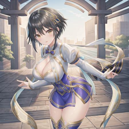 Xianghua, black hair, hair ornament, 
(perfect shiny skin:0.6),  1girl, (beautiful eyes:1.2), 
short hair, 
looking at viewer,
(ginormous breasts:1.2), slender waist,
town, field,
slim and smooth lines, extremely detailed CG unity 8k wallpaper, absurdres, incredibly absurdres, ultra detail, high resolution, ultra detailed, best quality, amazing, top quality,
cinematic lighting, (original: 1.2), (realistic: 1.2), 8k uhd, dslr, soft lighting, high quality, film grain, Fujifilm XT3
 <lora:char1_5Xianghua:0.5>