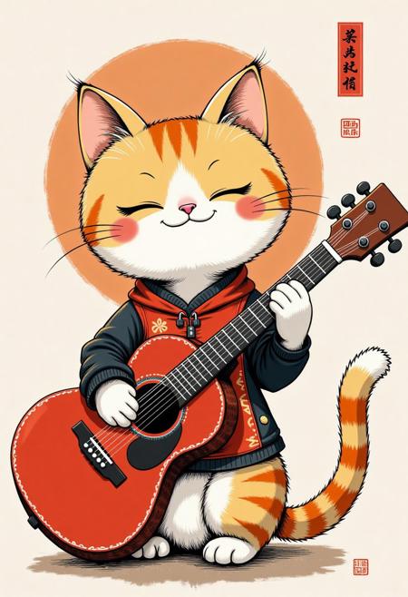 Comic, illustration
Chinese ink painting style, CAT with a guitar,