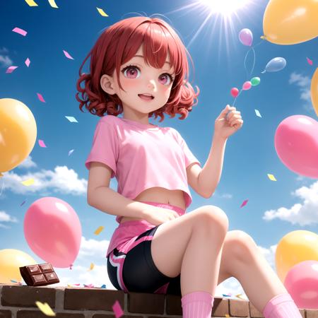 best quality, highly detailed, little girl, red hair, short hair, curly hair, side pony, pink eyes, short sleeve, (shorts:1.2), pink (leggings:1.1), socks, sneakers, happy, sky, sunshine, light rays, candy, chocolate, confetti, balloons