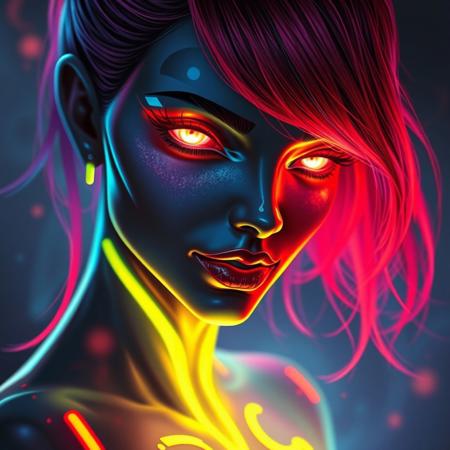A gorgeous woman with a luminous digital aura lighting up the darkness, the ethereal figure of a digital painting evocative of a distorted human figure with vibrant neon eyes, (glowing eyes:1.1), heart shaped face, macabre appearance and a cunning smile. Vibrant hair. This stunning image is a digital painting, meticulously created with vibrant colors and striking details. Her sleek, futuristic design exudes a sense of otherworldly beauty, with glowing neon accents that seem to pulse with energy. Every pixel is carefully rendered, capturing the character's mysterious and alluring presence in exquisite detail. This mesmerizing image invites viewers to get lost in a dreamlike realm of imagination and technology. ((glowing neon lipstick)), masterpiece, highly detailed, harmonious colors, ((half body angle:1.5))