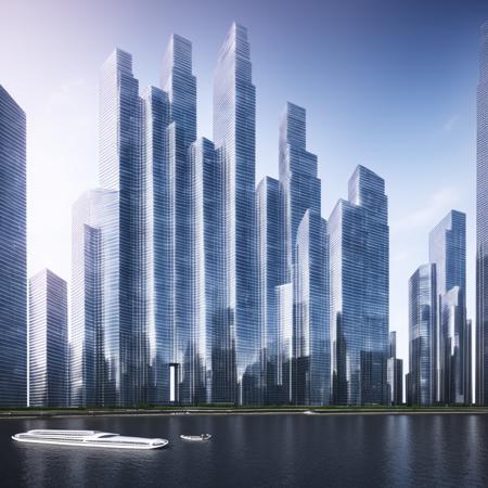 a group of tall buildings in a city with a river in front of them and a boat in the water, Cui Bai, futuristic, a digital rendering, hypermodernism by zaha-hadid style