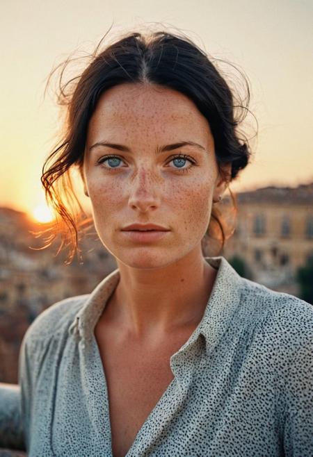 Stunning analogue photo of a beautiful 38 years old Dutch woman, lovely top, mini skirt, in Rome, perfect face, absolute beauty, natural raven black hair, blue eyes, perfect eyes, realistic eyes, freckles, freckles and moles all over body, realistic freckles, slightly sunburned, soft light on her face, Rembrandt style light, sunset, beautiful sky, incredibly realistic