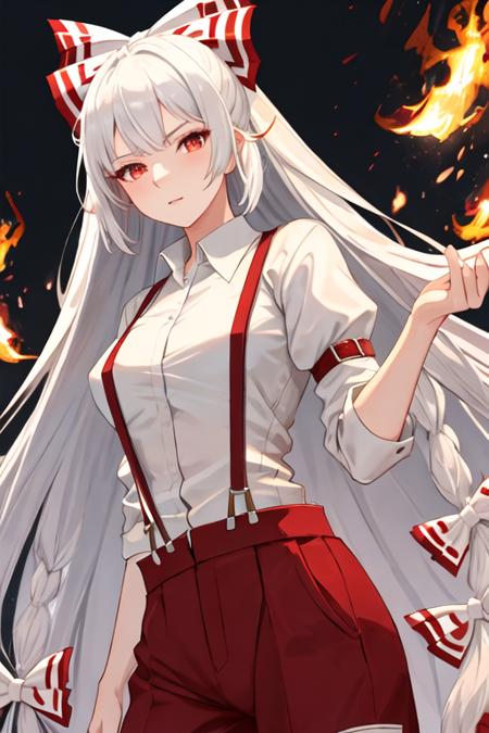 best quality, masterpiece, highres, solo, {fujiwara_no_mokou_touhou:1.15}, long_hair, bow, hair_bow, red_eyes, white_hair, suspenders, very_long_hair, bangs, white_bow, fire, hair_ribbon