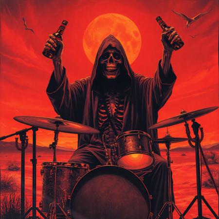 Dark art of an cloaked ominous monk from the 70s-style pulp paintings, seated behind a drumset in a psychedelic desert, holding a whiskey bottle in each hand and raises them victoriously in the air The sky is red and otherworldy. The monks grinning skeletal face is barely visible. Duotone: Burnt orange and deep plum. Mood: Occult ritual meets 80's crinkled concertposter art style. Grim reaper, doom metal-style, gritty, desert ritual, tales from the crypt