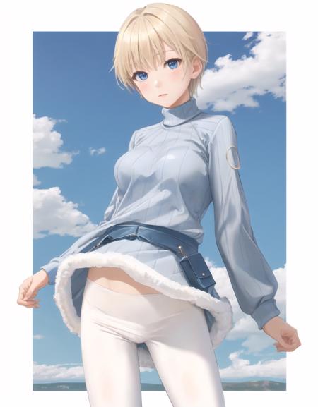 <lora:Nikka-05:1> Nikka , sweater , white pantyhose , blonde hair , blue eyes, short hair, cowboy shot , sky background with border ,