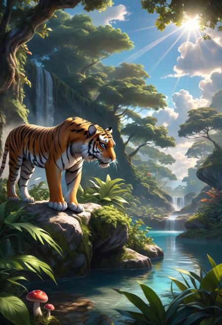 tiger stalking its prey in the jungle,
plant, shrub, tree, leaves, mushroom, water, sunrays, shadows, sky, horizon, rock, cloud,, masterpiece, 8k, ultra high res, ultra high detail, best quality, ultra detailed, realistic, opulent scenery, complex scene, explicit, vibrant colors,