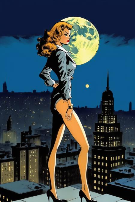 <lora:Will Eisner Style:1>Will Eisner Style - high resolution, clear, high quality,by Milton Caniff,Long-haired female agent in tights stands on a tall building overlooking the square with a huge full moon in the background