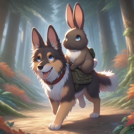 <lora:doggyback_v1.16:1>, doggybackride, dog, bunny, anime, cartoon, dog walking, bunny sitting on dog, dog giving a piggy back ride, german shepherd dog, orange bunny