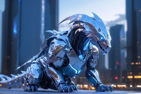 <lora:SilverPulseMorphXL:1>, silverpulse, a high tech dragon robot, stylized design, angular, jet engines, (flying:1.5), high speed, high over a futuristic city, metallic, glossy, silver and blue glow, masterpiece, best quality, highly detailed, sharp focus, dynamic lighting, sitting in a museum display case,