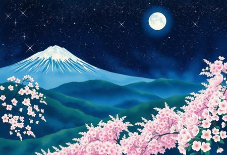 An incredibly beautiful garden of blooming sakura on the mountain slopes, illuminated by a bright moon, dark night, very starry sky, many bright stars in the sky, in the style of a Japanese watercolor painting, delicate brushwork, soft pastel colors, serene atmosphere
