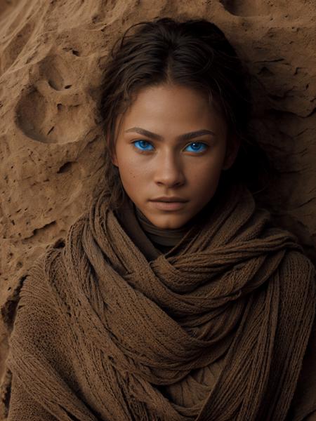 photo of extremely sexy (zend4y4-160:0.9), girl with blue eyes knelling wearing a stillsuit and brown sci-fi breathing mask in the style of Dune, looking at camera, (knelling), knelling in the sand, boots, Dune, desert background, (blue eyes), sharp eyes, perfect face, brown stillsuit, robes, belt, (masterpiece:1.5) (photorealistic:1.1) (bokeh) (best quality) (detailed skin texture pores hairs:1.1) (intricate) (8k) (cinematic lighting) (sharp focus), <lora:Dune_Style:.8>  zend4y4