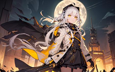 (best quality, masterpiece), (1girl, trench coat, expression face, black yellow eyes, white hair, hood, white gloves, looking away, closed mouth), (less light, full moon, cracked city background, sandstorm, floating debris behind, abandoned place, Yellow dust sky, Lightning),