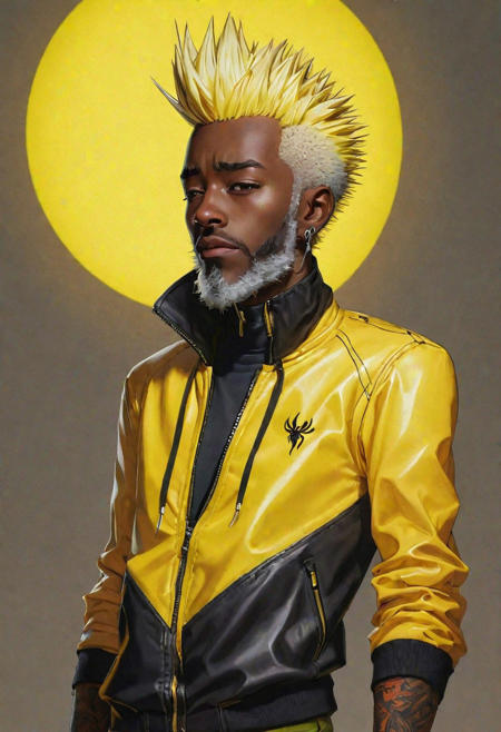 Singulara solo, yellow jacket, dark skinned, upper body, cry, electric, spiky yellow hair, glow hair, yellow background, black pant, long sleeve,  spiky beard, old man,  <lora:Singulara:0.8>