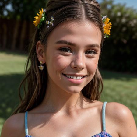 photo realistic, masterpiece, best quality, madisyns <lora:madisynShipman:1>, smiling, solo, looking at the camera, closeup,  skin imperfections , head shot , flower dress, photo shoot, high resolution, 8k, ray traced light,  realistic, photo, depth of field