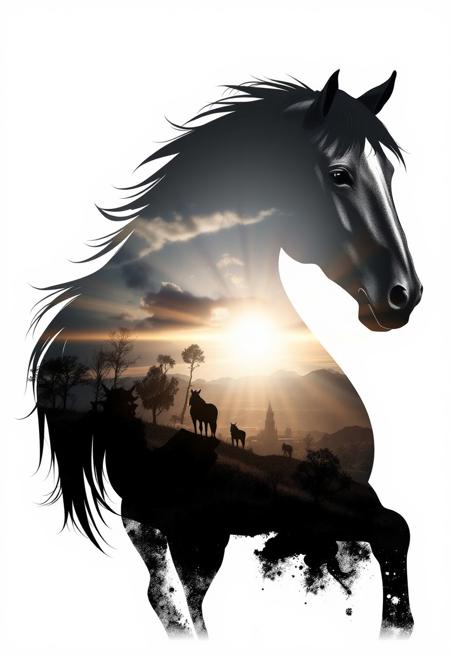 A hauntingly beautiful double exposure of a majestic horse silhouette, rendered in striking monochrome tones, superimposed against a vibrant natural landscape in the background. Sharp contrasts and clear lines define the apocalyptic consequences unfolding behind the equine form, while the crisp focus draws attention to the dramatic scene. Set against a brilliant white background, this high-quality illustration from Skyrn99 boasts impressive detail and resolution.