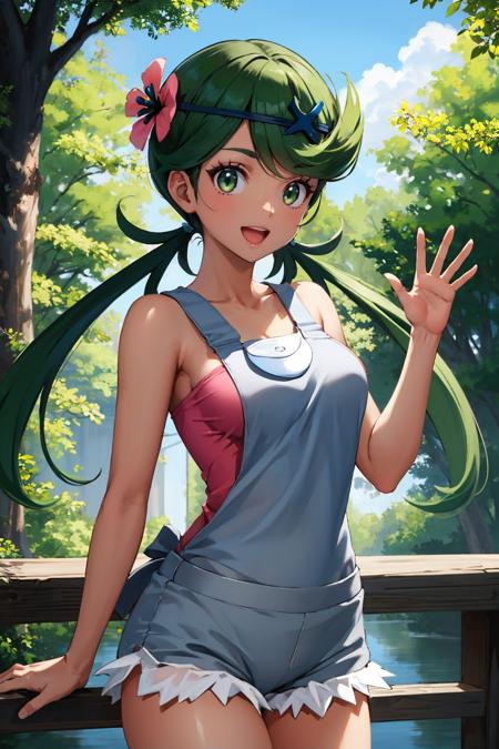 masterpiece, best quality, <lora:mallow-nvwls-v1-000008:0.9> defmallow, twintails, hair flower, hair ornament, grey overalls, pink shirt, sleeveless, grey shorts, medium breasts, looking at viewer, cowboy shot, :D, waving, forest, blue sky, dark skin