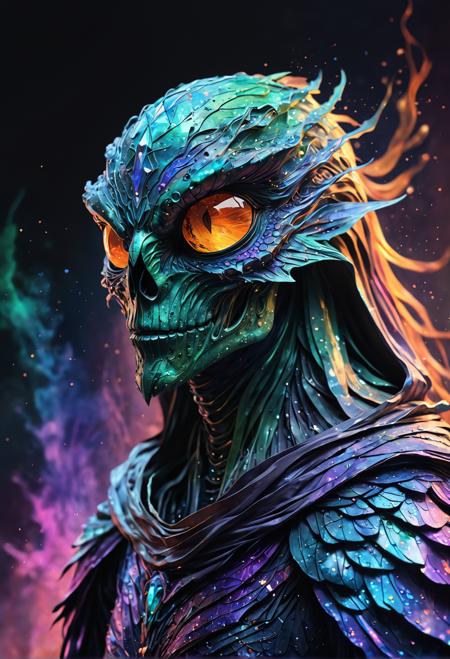 Meet the Glimmerwraith: a mystical creature with iridescent scales that reflect shimmering hues of blues, greens, and purples, warm golden lights, soft pastel pinks, and fiery oranges (colors). The camera captures its ethereal form from a low-angle shot, emphasizing its grandeur.  Illustration style: Whimsical, Dreamy, Realistic  Drawing mixed styles: Watercolor-inspired, Digital painting-style brushstrokes, High-definition texture  Prompt: Capture the Glimmerwraith in 4K, ultra-high definition, with intricate details and vibrant colors.