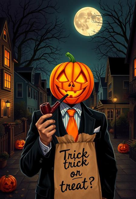 Halloween time, common streets, beautiful houses, nigh, big moon,  jackolantern happy, gentle smile, elegant suit, orange tie, smoking a pipe, a small,  trick or treat, a paper bag with the text "soul bag" handwrite, cursive font proclaiming "Trick or treat?".