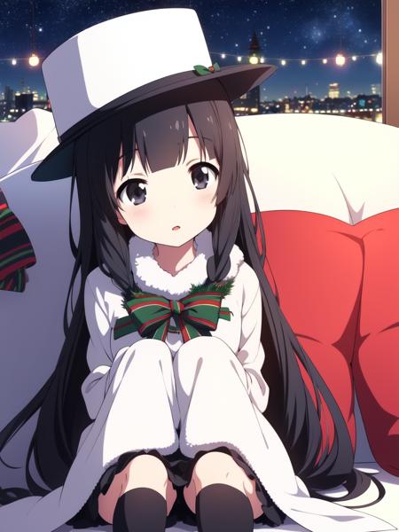 <lora:Itsuki_Pleiades:0.8>,  Itsuki_Pleiades, 1girl,  solo, long hair, black hair, black eyes, 
Christmas, SantaClaus, hat, night, starry sky, sitting,
child, 
masterpiece, high quality, very_high_resolution, large_filesize, full color,