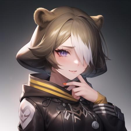 (masterpiece, best quality:1.2),illustration,8k,hd,1girl,solo,upper body,(portrait:1.2),animal ears,bear ears,bear girl,boots,brown hair,chain,eyebrows hidden by hair,hair over one eye,hand wraps,hood,hoodie,long sleeves,medium breasts,short hair,short shorts,shorts,two-tone hair,violet eyes,white hair,yellow thighhighs,<lora:Beehunter>,