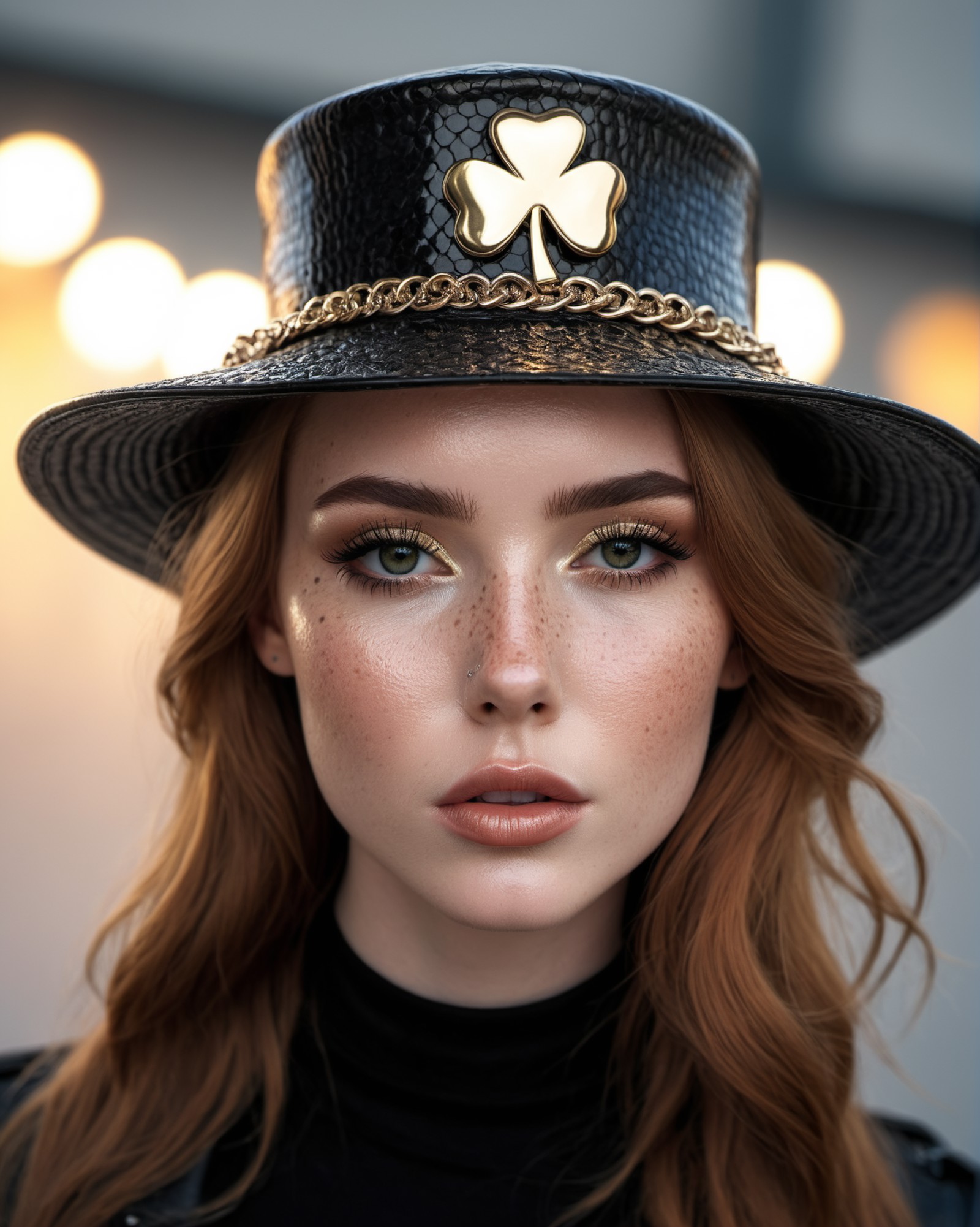 4K photograph of a Irish model wearing a hat posing for a picture, in the style of oshare kei, black, wide lens, shiny/ gl...