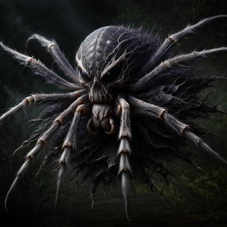 Horror-themed Gothic style Horror-themed gigantic monster spider  with human-like face, on black flower, dark wood, intricate details,  ral-dissolved,  Wildlife Photography,  <lora:ral-dissolve-sdxl:1.2> . Eerie, unsettling, dark, spooky, suspenseful, grim, highly detailed . Dark, mysterious, haunting, dramatic, ornate, detailed . Eerie, unsettling, dark, spooky, suspenseful, grim, highly detailed