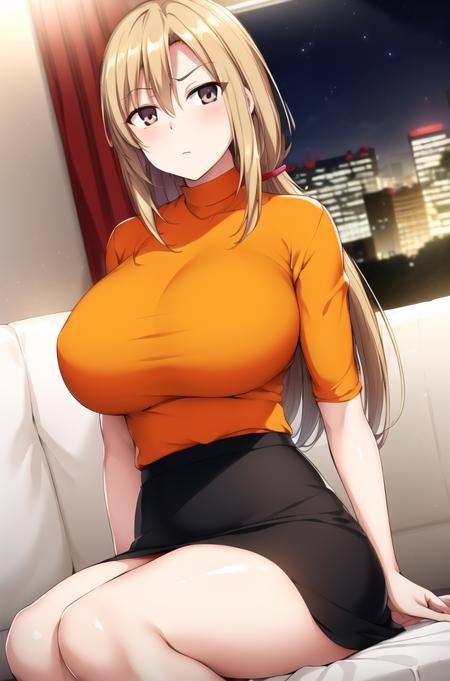 (Night:1.7), Cyberpunk_CityView, Before Window,
sitting at attention,sitting on couch,
orange_shirt,Pencil_Skirt,
<lora:SakimiAyaseV1:0.85>,<lora:aiueOkaStyle_v10:0.1>, <lora:saiminSeishidou:0.1>,
blonde_long_hair,brown_eyes,
1 girl,Solo, Manga,20yo,mature female,Beautiful Finger,Beautiful long legs,Beautiful body,Beautiful Nose,Beautiful character design, perfect eyes, perfect face,
looking at viewer, (innocent_big_eyes:1.0),(expressionless:1.3),
official art,extremely detailed CG unity 8k wallpaper, perfect lighting,Colorful, Bright_Front_face_Lighting,
(masterpiece:1.0),(best_quality:1.0), ultra high res,4K,ultra-detailed,
photography, 8K, HDR, highres, absurdres:1.2, Kodak portra 400, film grain, blurry background, bokeh:1.2, lens flare, (vibrant_color:1.2)
(Beautiful,large_Breasts:1.4), (beautiful_face:1.5),(narrow_waist),