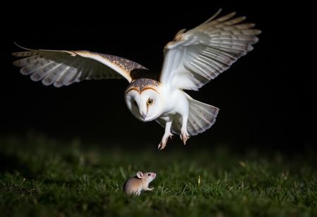 Barn owl flying over unsuspecting mouse, in a field at night, extremely detailed feathers. Mouse is on its hind legs, the owl is white, lines to represent aero dynamics