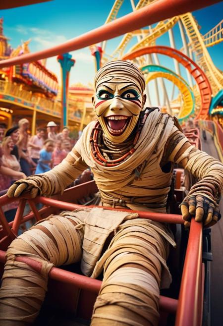 A hilarious and playful scene of an ((ancient mummy)) enjoying a thrilling roller coaster ride. The mummy, wrapped in tattered bandages, is shown grinning and holding on for dear life. The roller coaster is bright and colorful, with twisting tracks and loops that create a sense of excitement. The background shows a bustling amusement park, filled with screaming riders and various attractions, giving off an eerie yet entertaining atmosphere.