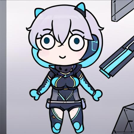 teriderp, chibi,,1girl,icey,silver hair ,blue eyes,headphones, messy hair, short hair,medium breasts,factory, machinery, electricity, blue lightning,blue energy,