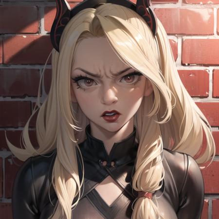 masterpiece, very detailed, highres, mandy_marx, portrait of mandy_marx, red lips, blonde hair, angry, detailed background, brick wall, bdsm dungeont, creepy<lora:mandy_marx:1>