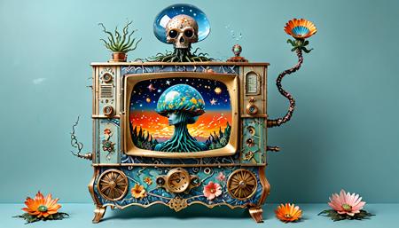 Kay Nielsen and René Magritte illustration of a fashionable android, emerging from an embryonic nebula colorful iridescent liquid, a rising creature bathes in cosmic flame, plants floating against a blue sky background, steampunk television set, cyberpunk psychedelia, decorated by mushroom and floral calligraphic Art Nouveau flourishes  <lora:Surreal_World:1> <lora:TQ_-_Newspaper_Style:1>
