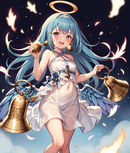 (best quality, masterpiece, highres:1.4), a beautiful illustration of an angel girl, ((she is holding a bell in each hand)), ((bell)), holding,   her angel wings are ((low wings)) connected to her lower back, 
BREAK
 1girl, solo, ((halo, angel wings, feathered wings, angel, white wings, low wings, :1.2))  long hair, white dress,  smile, open mouth, full body, bare shoulders, blue eyes, looking at viewer, hair ornament, holding, halterneck, :d, blue hair, shoes, blue footwear, breasts, bangs,  jewelry, hairclip, small breasts, standing, blush, earrings, criss-cross halter, very long hair, bare arms, sleeveless, sleeveless dress, standing on one leg, white wings, blue wings, , teeth, collarbone,  halter dress, upper teeth only, hands up, no socks, sidelocks, short dress,  bow, blue choker, leg up, ribbon, legs, black footwear,  blue bow,
sky and clouds in background, sky, clouds, daytime, ambient lighting,
BREAK
(bell, bells, holding bell),
cygames, official art, granblue fantasy,
<lora:Bellringerv1:1.1>