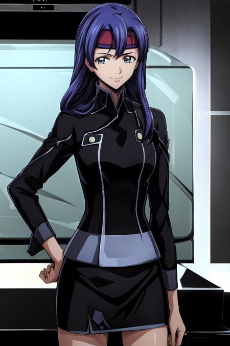 (masterpiece, best quality:1.2), highres, anime screencap, anime coloring, 1girl, solo, light smile, 
Naomi_Inoue_V1, purple hair, long hair, bangs, grey eyes, headband, red headband, medium breasts, 
military, military uniform, black jacket, long sleeves, black skirt, 
hand on hip, 
looking at viewer, cowboy shot, 
<lora:add_detail_CyberAlchemist:0.4>, <lora:GoodHands-beta2:0.8>, <lora:NaomiInoueV1-000010:1>