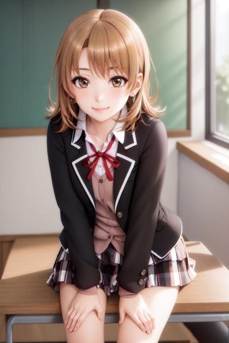 (masterpiece, best quality:1.2), <lyco:oregairu_isshiki-10:0.8>, <lyco:concept_leaningforward-11:1.0>, solo, 1girl, isshiki iroha, smile, closed mouth, looking at viewer, leaning forward, hands on own thighs, school uniform, blazer, long sleeves, cardigan, neck ribbon, plaid skirt, classroom