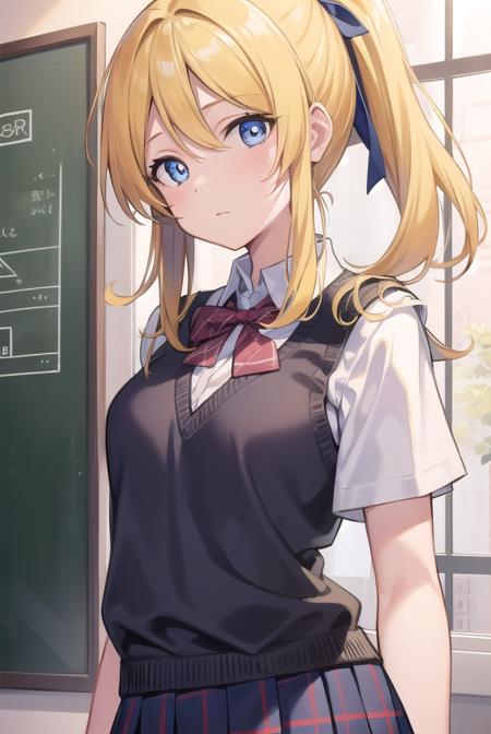 eliayase, <lora:eliayase-lora-nochekaiser:1>, 
eli ayase, yellow hair, blue eyes, ponytail, hair ribbon, 
BREAK otonokizaka school uniform, pleated skirt, school uniform, short sleeves, skirt, summer uniform, sweater vest, yellow sweater vest,
BREAK looking at viewer,
BREAK indoors, classroom, 
BREAK <lyco:GoodHands-beta2:1>, (masterpiece:1.2), best quality, high resolution, unity 8k wallpaper, (illustration:0.8), (beautiful detailed eyes:1.6), extremely detailed face, perfect lighting, extremely detailed CG, (perfect hands, perfect anatomy),