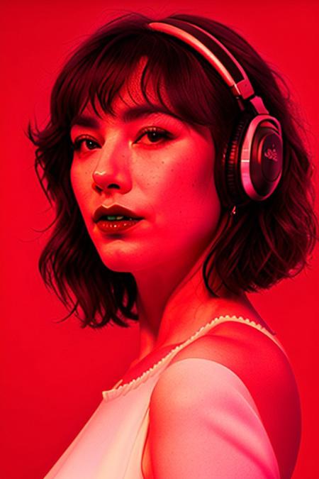 masterpiece, best quality, oil painting \(medium\), real, solo, 1girl, blonde hair, headphones, hair curls, neon background, sound waves, neon, white dress, musical note, red lipstick, medium hair, ringlets, red theme, hand on headphones, frills, puffy sleeves, short sleevesneon background, face close up, charturnerv2, pureerosface_v1, red light