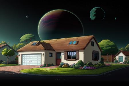 small home in a suburban neighborhood, on an alien planet, garage, hedges, alien trees, homes in the background, planet in the sky, 8k, uhd, masterpiece, highest quality