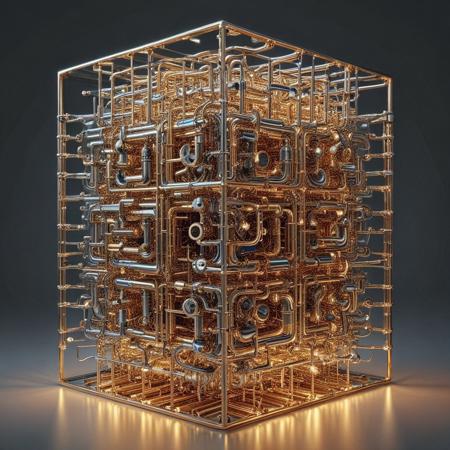 raw photograph of a surreal cube constructed entirely of interwoven brass pipes in qu4ntum style, glowing silver wires spiraling along the edges, intricate golden circuitry engraved across the surfaces, quantum energy pulses radiating softly from its hollow core, set against a dark void with swirling neon energy trails