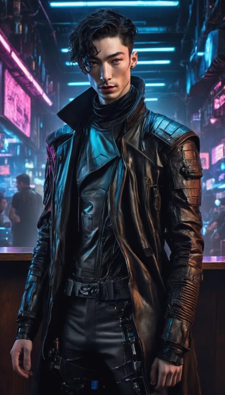 Enter a cyberpunk realm reminiscent of William Gibson's vision,  where an enigmatic (Ezra Miller:1.2) takes center stage. Within the dimly lit bar,  neon lights and holographic signs cast an eerie glow,  framing Ezra's mysterious presence. Their attire,  a fusion of leather and tech with integrated (cybernetic enhancements:1.2),  embodies the essence of cyborg style. Ezra's gaze,  filled with hidden depths and a thousand secrets,  adds complexity to the enigmatic cyberpunk character they portray., <lora:EMS-22619-EMS:0.800000>, , <lora:EMS-17123-EMS:1.100000>