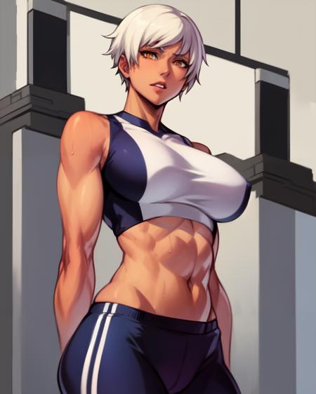 <lora:xxoomies-000011:0.9>, 1girl, white hair, short hair, dark-skinned muscular female, sportswear, midriff, finely detailed yellow eyes