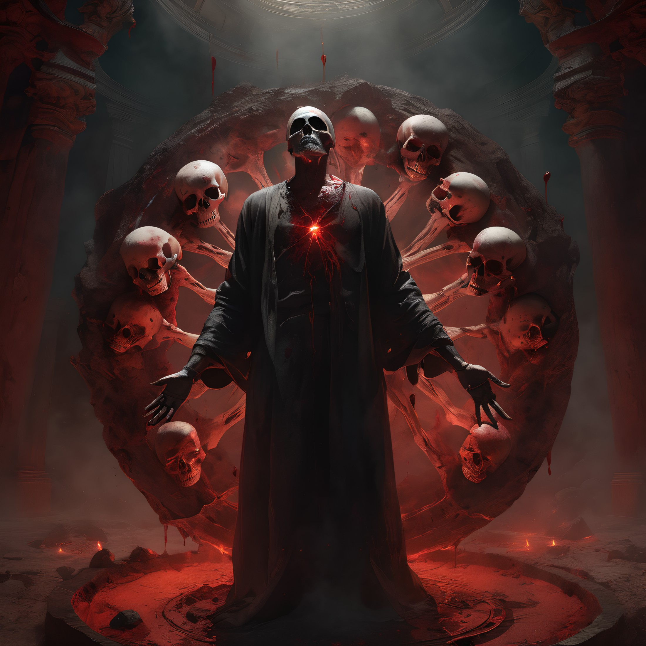 demo lord , standing in the center of a bloody summoning circle,(holding a skull) close up front view , glowing eyes, bloo...